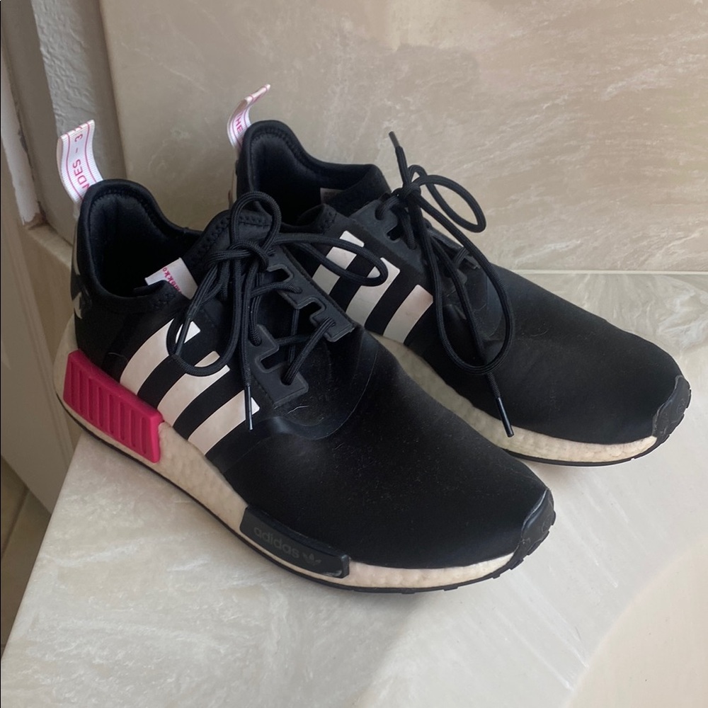 adidas Black and White Athletic Shoes with Pink Accent